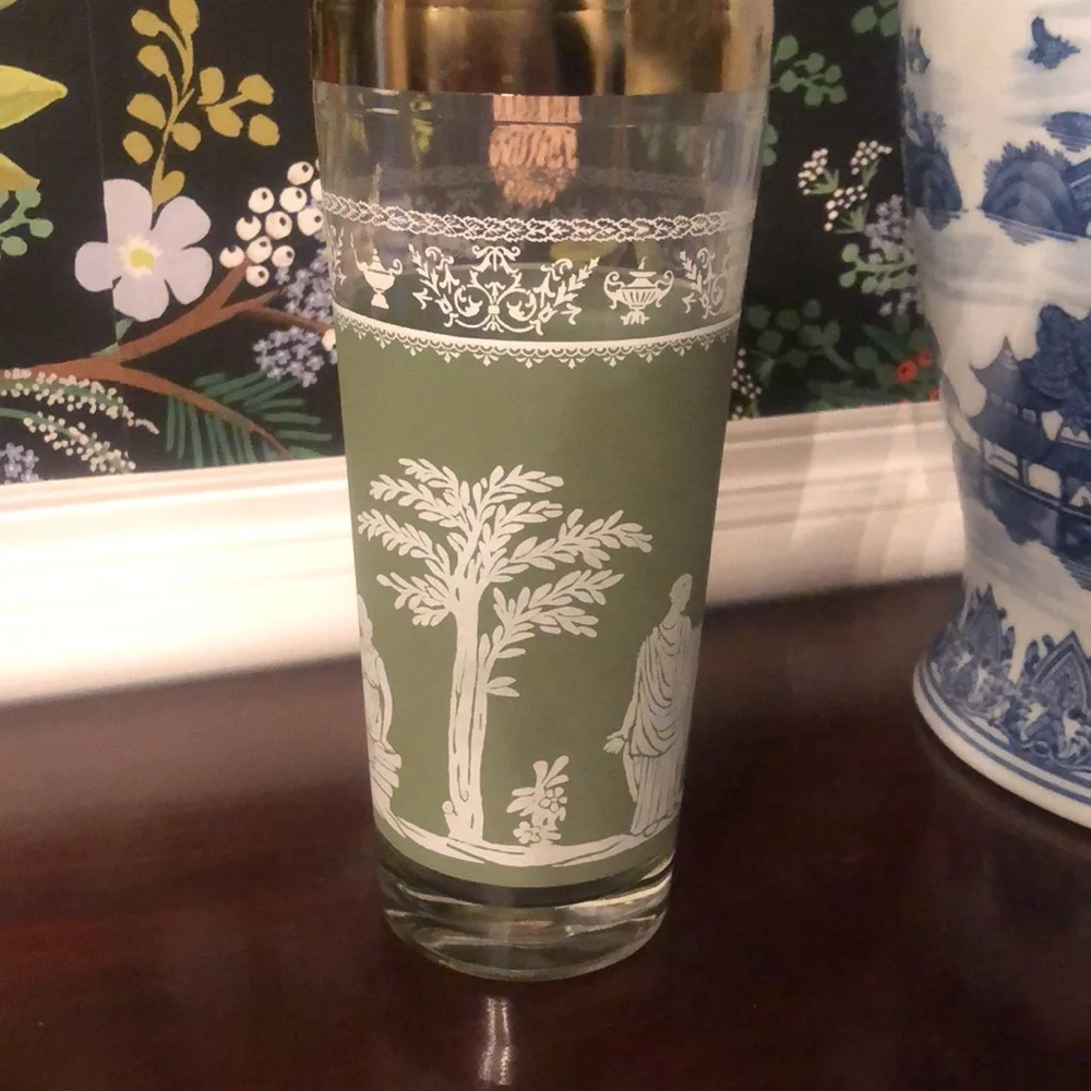 Vintage Sage Green & Gold Greek Scene Glass Cocktail Shaker